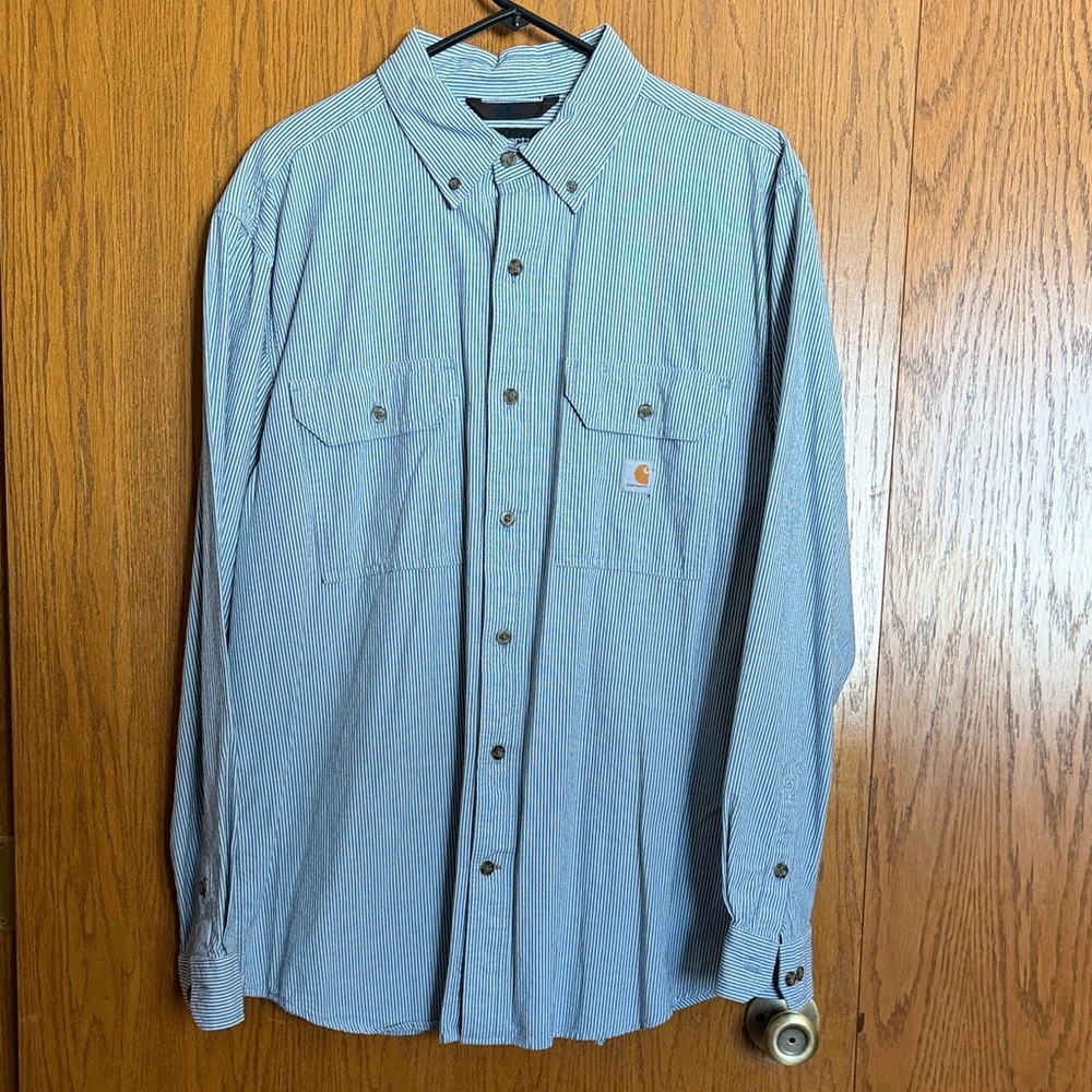Carhartt Men's Blue Pinstripe Button Down Shirt